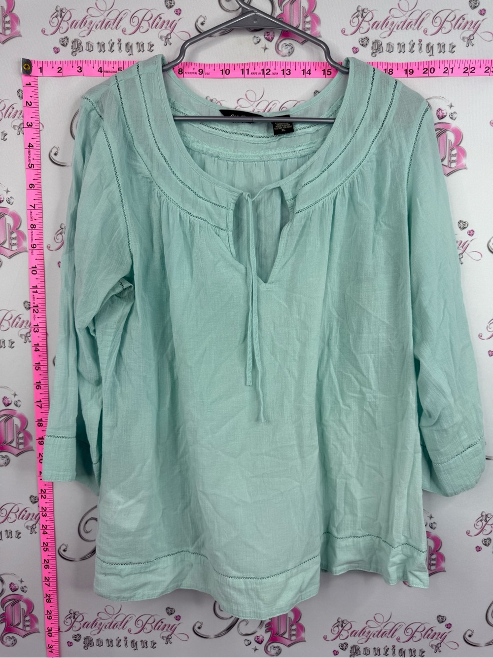Eddie Bauer blouse blue Mint Green Tie-Neck Peasant Top